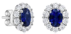 LARGE 2.99CT DIAMOND & AAA SAPPHIRE 18K WHITE GOLD 3D OVAL & ROUND STUD EARRINGS