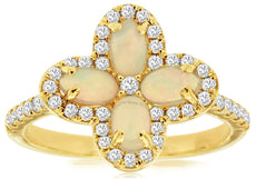 1.05CT DIAMOND & AAA OPAL 14K YELLOW GOLD 3D OVAL & ROUND MULTI LEAF FLOWER RING