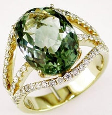 8.49CT DIAMOND & AAA GREEN AMETHYST 14KT YELLOW GOLD 3D OVAL & ROUND FUN RING
