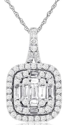 .60CT DIAMOND 14KT WHITE GOLD ROUND & BAGUETTE SQUARE CLUSTER FLOATING PENDANT
