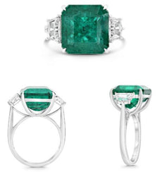 11.63CT DIAMOND & AAA EMERALD PLATINUM SQUARE & TRAPEZOID 3 STONE CLASSIC RING