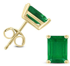 ESTATE .90CT AAA EMERALD 14KT YELLOW GOLD 3D EMERALD CUT SOLITAIRE STUD EARRINGS