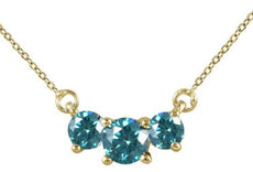 1.0CT BLUE DIAMOND 14KT YELLOW GOLD 3D 3 STONE PAST PRESENT FUTURE LOVE NECKLACE