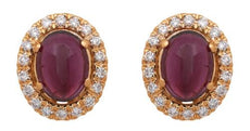 .3CT DIAMOND & AAA CABOCHON RUBY 18K YELLOW GOLD OVAL & ROUND HALO STUD EARRINGS