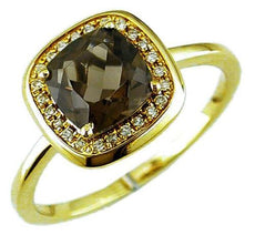 1.49CT DIAMOND & AAA SMOKY TOPAZ 14KT YELLOW GOLD CUSHION & ROUND HALO FUN RING