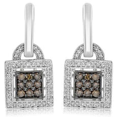 .62CT WHITE & MOCHA DIAMOND 14KT WHITE GOLD CLUSTER SQUARE LOCK HANGING EARRINGS