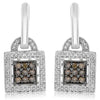 .62CT WHITE & MOCHA DIAMOND 14KT WHITE GOLD CLUSTER SQUARE LOCK HANGING EARRINGS