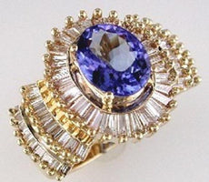 4.50CT DIAMOND & AAA TANZANITE 14KT YELLOW GOLD OVAL & BAGUETTE ENGAGEMENT RING