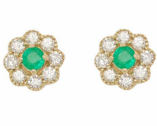 ESTATE .62CT DIAMOND & AAA EMERALD 14K YELLOW GOLD FILIGREE FLOWER STUD EARRINGS
