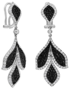 LARGE 3.68CT WHITE & BLACK DIAMOND 14K WHITE GOLD 3D MULTI LEAF HANGING EARRINGS