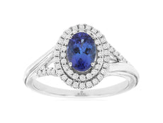1.09CT DIAMOND & AAA TANZANITE 14KT WHITE GOLD OVAL & ROUND HALO ENGAGEMENT RING