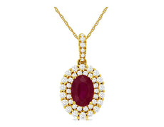 1.29CT DIAMOND & AAA RUBY 14KT YELLOW GOLD OVAL & ROUND HALO FLOATING PENDANT