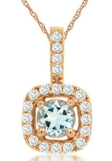 .39CT DIAMOND & AAA AQUAMARINE 14KT ROSE GOLD 3D ROUND HALO FLOATING PENDANT