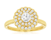ESTATE .78CT DIAMOND 14K YELLOW GOLD 3D ROUND DOUBLE HALO FLORAL ENGAGEMENT RING