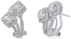 1.32CT DIAMOND 14KT WHITE GOLD DOUBLE FLOWER SQUARE FUN CLIP ON HANGING EARRINGS