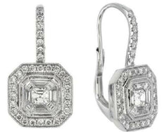LARGE 1.39CT DIAMOND 14K WHITE GOLD INVISIBLE OCTAGON LEVERBACK HANGING EARRINGS