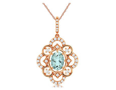.90CT DIAMOND & AAA AQUAMARINE 14KT ROSE GOLD OVAL OPEN FILIGREE FLOWER PENDANT