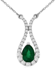 1.01CT DIAMOND & AAA EMERALD 14K WHITE GOLD 3D PEAR SHAPE HORSESHOE FUN NECKLACE