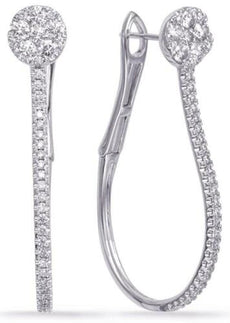 1.18CT DIAMOND 14KT WHITE GOLD 3D FLOWER TEAR DROP CLIP ON HOOP HANGING EARRINGS