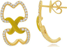.55CT DIAMOND & YELLOW ENAMEL 14K YELLOW GOLD 3D DOUBLE HEART X HANGING EARRINGS