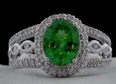 2.50CT DIAMOND & AAA TSAVORITE 18KT WHITE GOLD 3D OVAL FILIGREE ENGAGEMENT RING