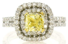 2.05CT WHITE & FANCY YELLOW DIAMOND 18KT 2 TONE GOLD DOUBLE HALO ENGAGEMENT RING