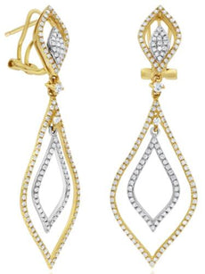 1.31CT DIAMOND 14K 2 TONE GOLD CLASSIC DOUBLE TEAR DROP CLIP ON HANGING EARRINGS