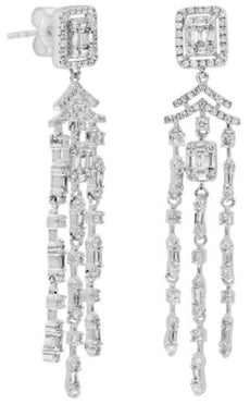 LARGE 1.47CT DIAMOND 18KT WHITE GOLD 3D ROUND & BAGUETTE MULTI ROW FUN EARRINGS