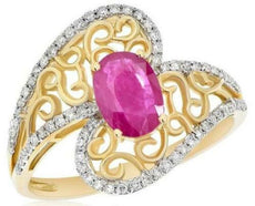 1.07CT DIAMOND & AAA RUBY 14KT 2 TONE GOLD CRISS CROSS OPEN FILIGREE OVAL RING