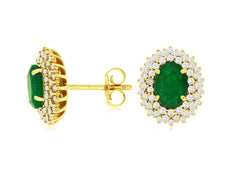 1.90CT DIAMOND & AAA EMERALD 14KT YELLOW GOLD DOUBLE HALO FLOWER STUD EARRINGS