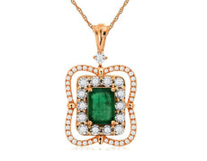 1.25CT DIAMOND & AAA EMERALD 14K ROSE GOLD 3D ROUND & EMERALD CUT FLOWER PENDANT