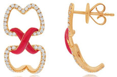 .55CT DIAMOND & RED ENAMEL 14K ROSE GOLD 3D DOUBLE HEART X LOVE HANGING EARRINGS