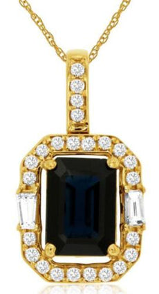 1.87CT DIAMOND & AAA SAPPHIRE 14KT YELLOW GOLD EMERALD CUT & ROUND HALO PENDANT