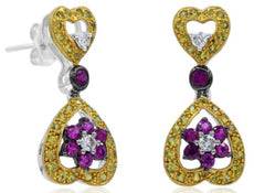 1.28CT DIAMOND & AAA MULTI GEM 18K WHITE GOLD DOUBLE HEART LOVE HANGING EARRINGS
