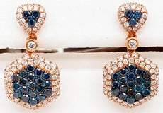 2.45CT WHITE & BLUE DIAMOND 14KT ROSE GOLD CLUSTER HEXAGON DOUBLE HALO EARRINGS