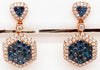 2.45CT WHITE & BLUE DIAMOND 14KT ROSE GOLD CLUSTER HEXAGON DOUBLE HALO EARRINGS