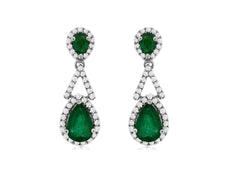 2.03CT DIAMOND & AAA EMERALD 14KT WHITE GOLD ROUND & PEAR SHAPE HANGING EARRINGS