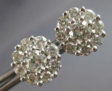 ESTATE LARGE 1.68CT DIAMOND 14K WHITE GOLD 3D ROUND CLUSTER FLOWER STUD EARRINGS