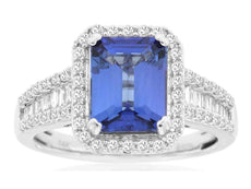 3CT DIAMOND & AAA TANZANITE 14KT WHITE GOLD EMERALD CUT & ROUND ENGAGEMENT RING