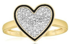 .24CT DIAMOND & BLACK ENAMEL 14K YELLOW GOLD 3D ROUND PAVE HEART SHAPE LOVE RING