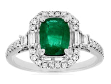 2.0CT DIAMOND & AAA EMERALD 14KT WHITE GOLD 3D ROUND & BAGUETTE ENGAGEMENT RING