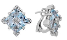 1.88CT DIAMOND & AAA AQUAMARINE 18K WHITE GOLD PRINCESS & ROUND CLIP ON EARRINGS