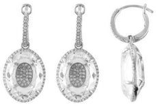 LARGE 16.68CT DIAMOND & AAA WHITE QUARTZ 14K WHITE GOLD 3D OVAL HANGING EARRINGS