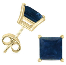 ESTATE AAA SAPPHIRE 14KT YELLOW GOLD 3D PRINCESS SQUARE SOLITAIRE STUD EARRINGS