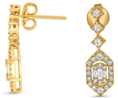 .73CT DIAMOND 14KT YELLOW GOLD ROUND & BAGUETTE CLUSTER OCTAGON HANGING EARRINGS