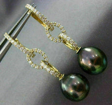 LARGE .81CT DIAMOND & AAA TAHITIAN PEARL 18K YELLOW GOLD OVAL TEAR DROP EARRINGS