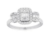LARGE .65CT DIAMOND 14KT WHITE GOLD 3D ROUND & BAGUETTE CLUSTER HALO LOVE RING