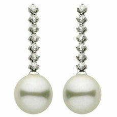 ESTATE .42CT DIAMOND & AAA SOUTH PEARL 18KT WHITE GOLD 7 STONE HANGING EARRINGS