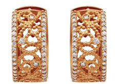 ESTATE WIDE .72CT DIAMOND 18KT ROSE GOLD FILIGREE ETOILE HOOP HANGING EARRINGS