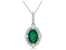 .84CT DIAMOND & AAA EMERALD 14KT WHITE GOLD OVAL & ROUND FLOWER FLOATING PENDANT